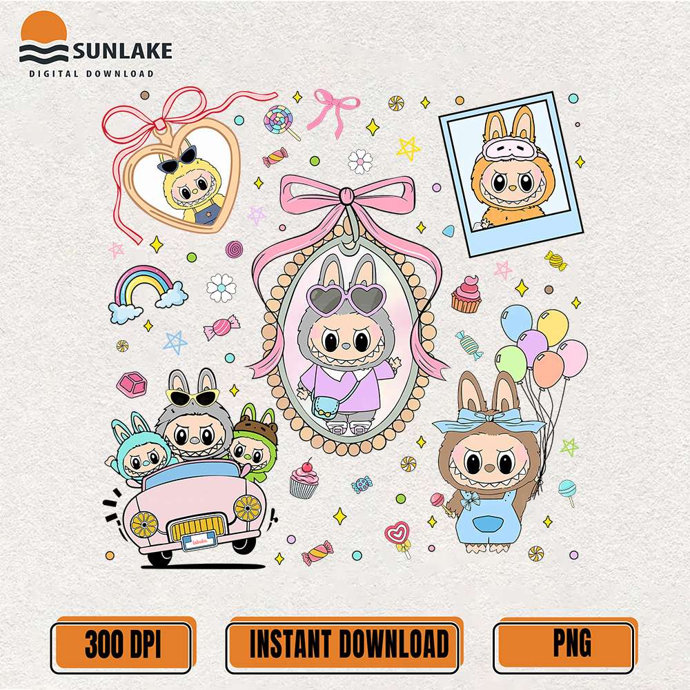 Cute-Pastel-Labubu-Collage-Candy-Balloons-Car-Bow-Frame-Png