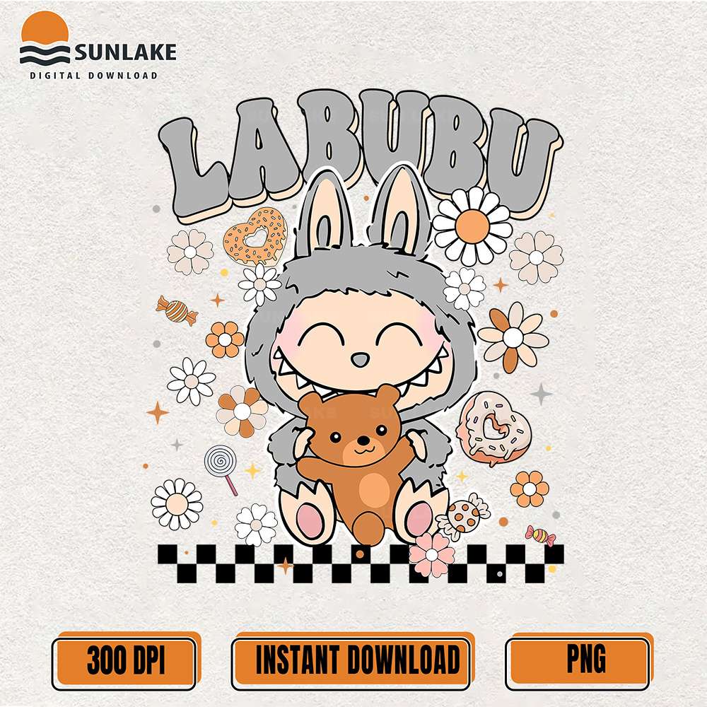 Gray-Labubu-Bunny-With-Teddy-Bear-And-Sweets-Png