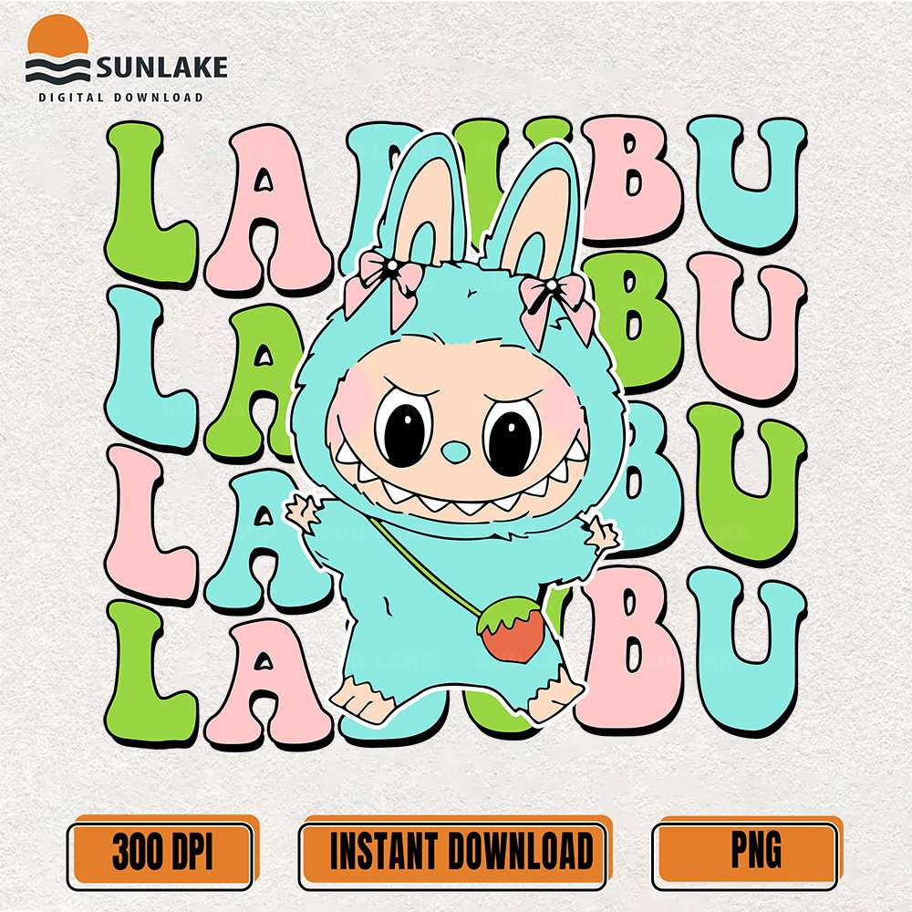 Kawaii-Blue-Labubu-With-Strawberry-Bag-And-Bows-Png