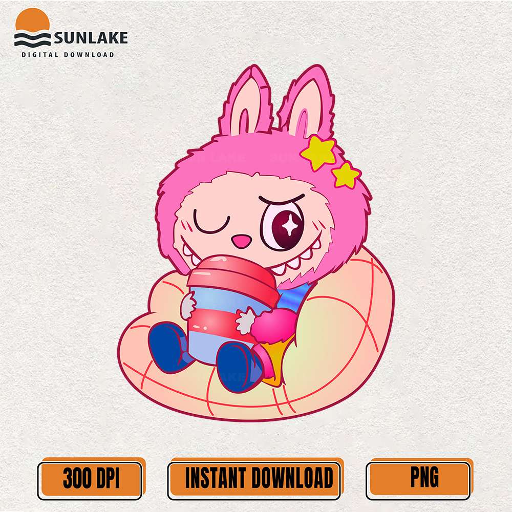 Cute-Labubu-Pink-Bunny-Girl-with-Drink-Png