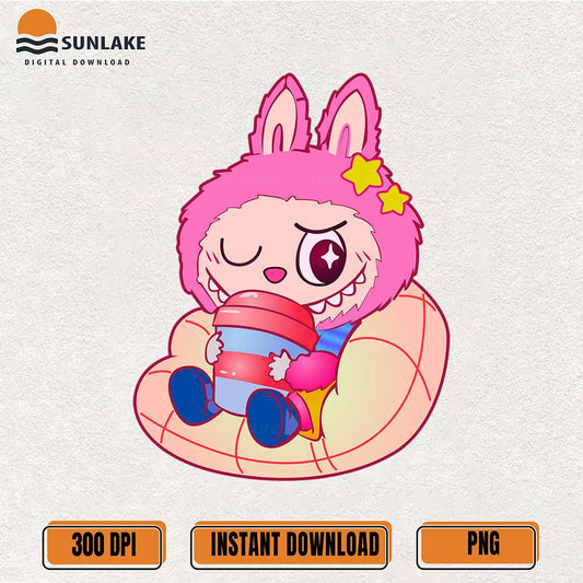 Cute-Labubu-Pink-Bunny-Girl-with-Drink-Png