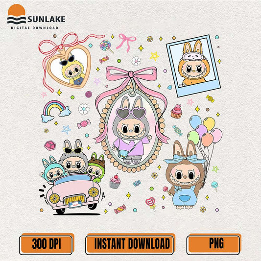 Cute-Pastel-Labubu-Collage-Candy-Balloons-Car-Bow-Frame-Png