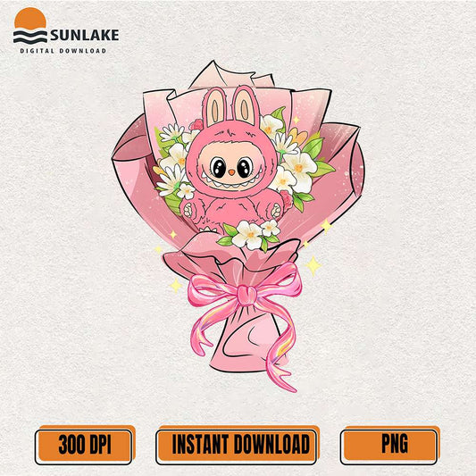 Cute-Pink-Labubu-Flower-Bouquet-Png