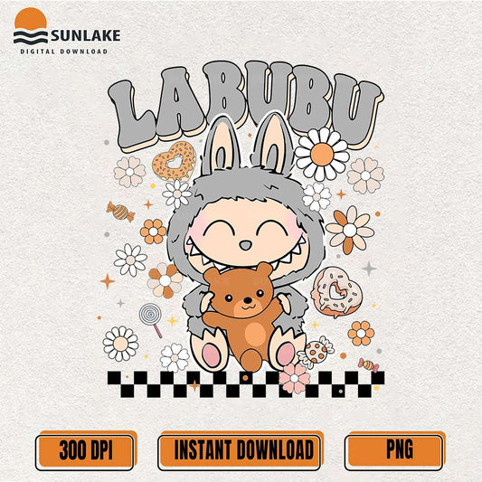 Gray-Labubu-Bunny-With-Teddy-Bear-And-Sweets-Png