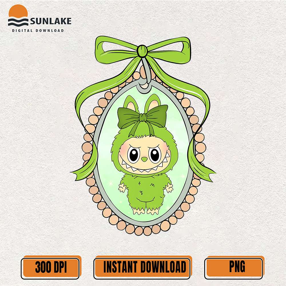 Green-Labubu-Bunny-Frame-With-Bow-Pastel-Png