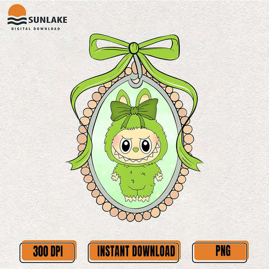 Green-Labubu-Bunny-Frame-With-Bow-Pastel-Png