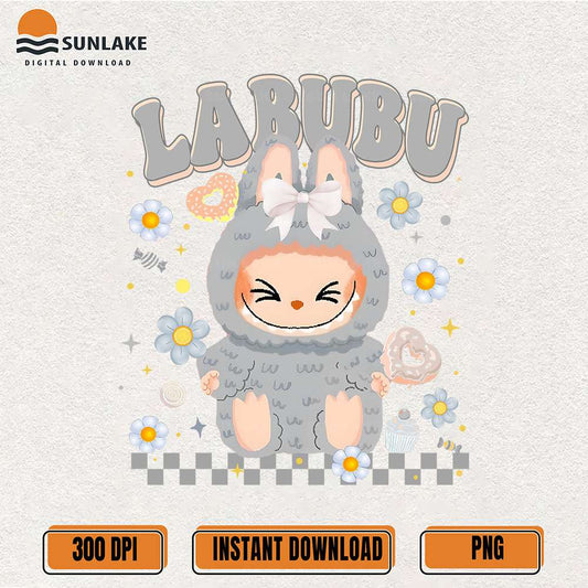 Grey-Labubu-Bow-Cute-Bunny-Character-With-Sweets-And-Flowers-Png