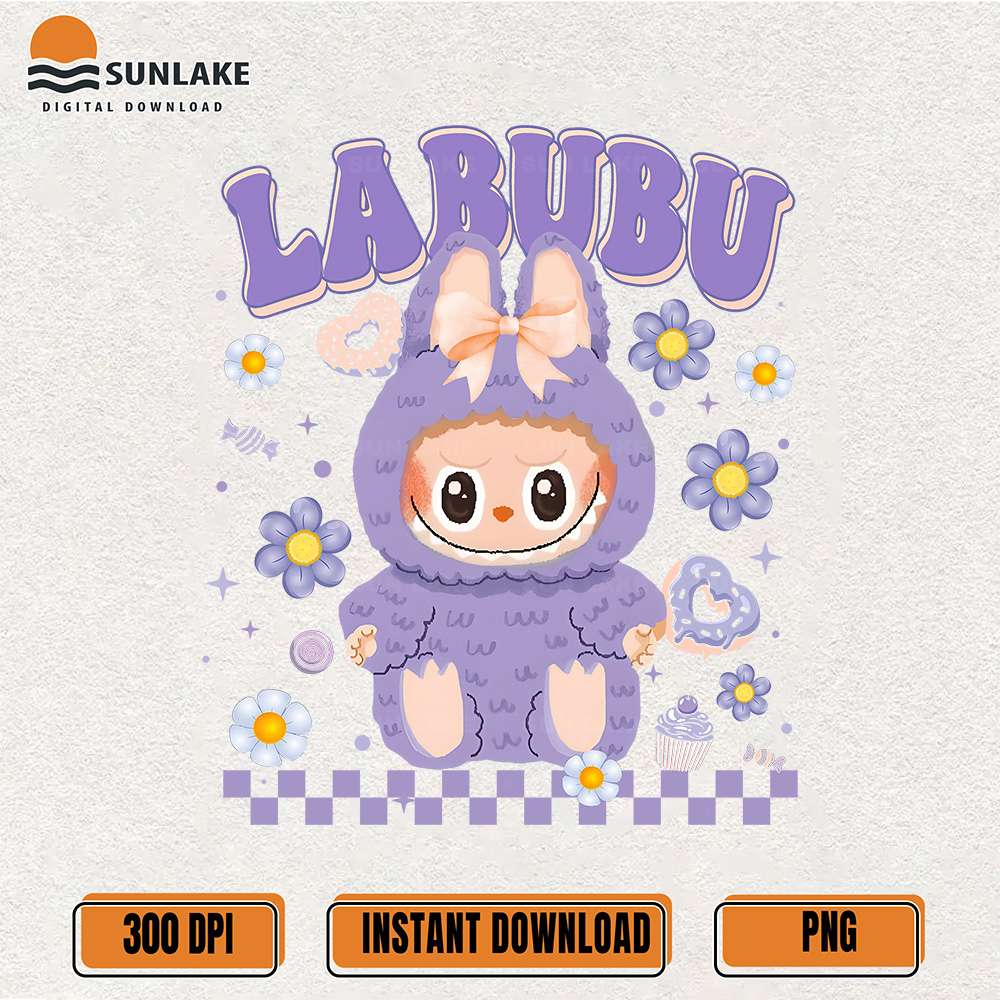 Kawaii-Purple-Labubu-Bow-Cute-Bunny-Monster-With-Flowers-And-Sweets-Png