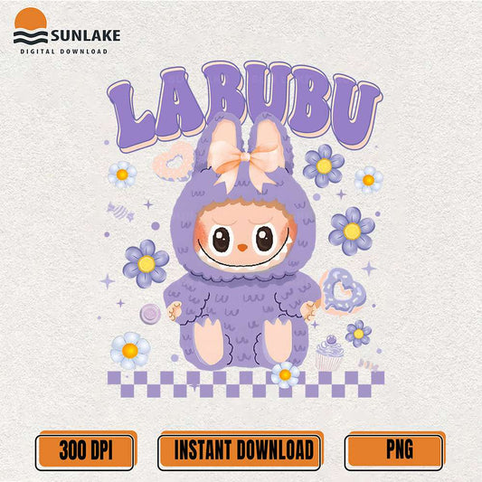 Kawaii-Purple-Labubu-Bow-Cute-Bunny-Monster-With-Flowers-And-Sweets-Png