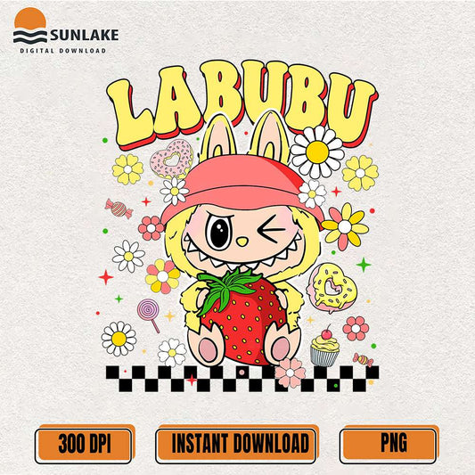 Kawaii-Yellow-Labubu-Strawberry-Cute-Bunny-Monster-With-Flowers-Png