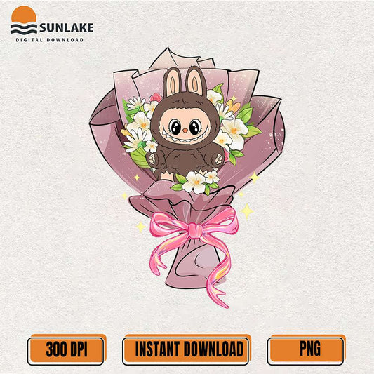 Labubu-Brown-Bunny-Bouquet-Kawaii-Floral-Png