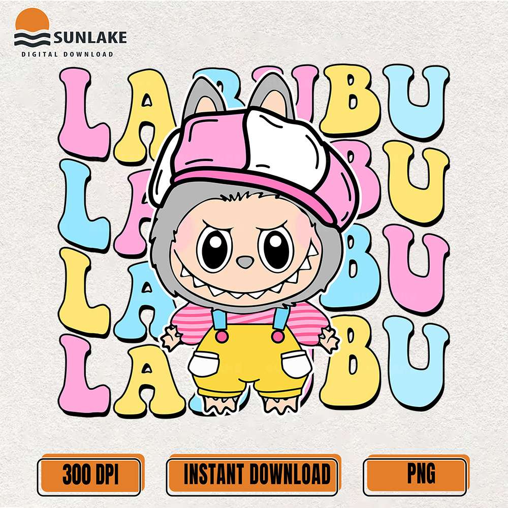 Pastel-Labubu-Cute-Outfit-Pink-Hat-Yellow-Overalls-Png