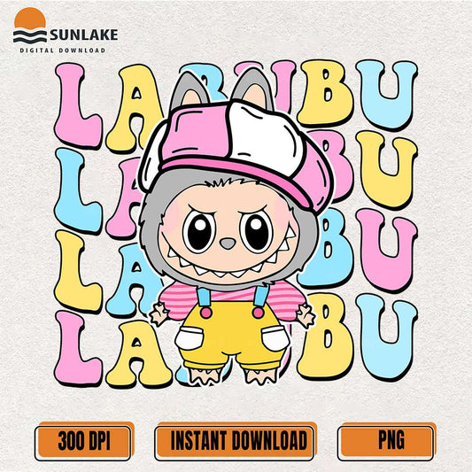 Pastel-Labubu-Cute-Outfit-Pink-Hat-Yellow-Overalls-Png