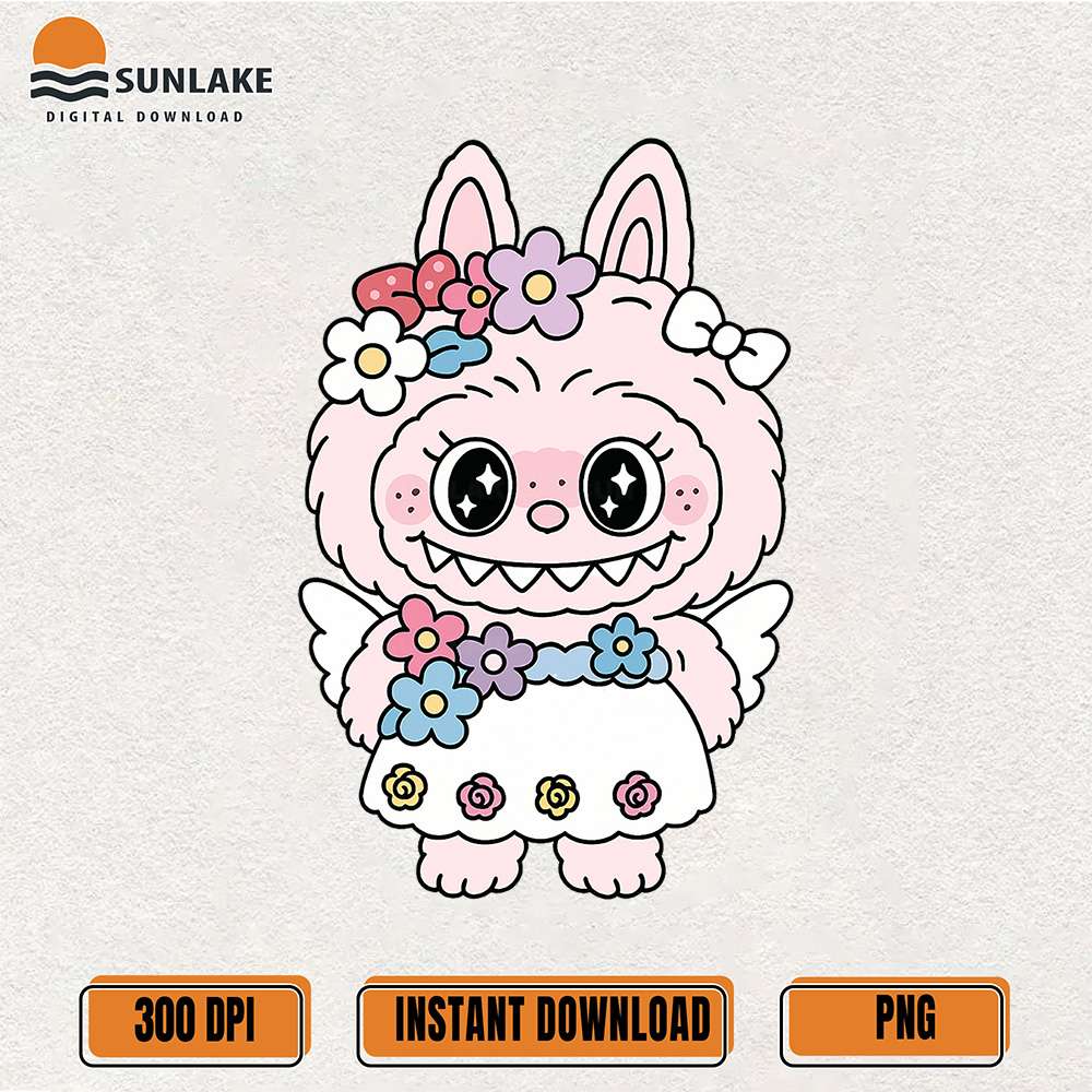 Pink-Labubu-Angel-Floral-Dress-Cute-Fairy-Png