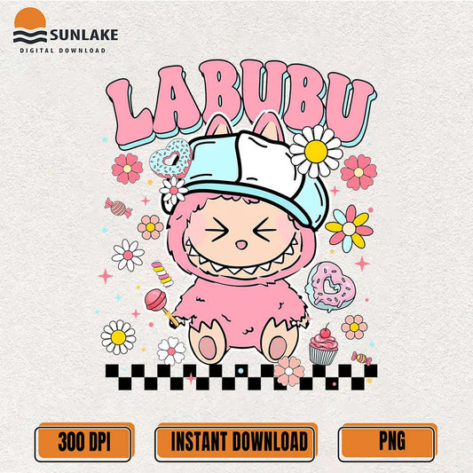 Pink-Labubu-Cute-Kawaii-Bunny-Candy-And-Flowers-Png