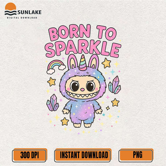 Unicorn-Labubu-Png-Born-To-Sparkle-Cute-Rainbow-Pastel-Clipart-Png